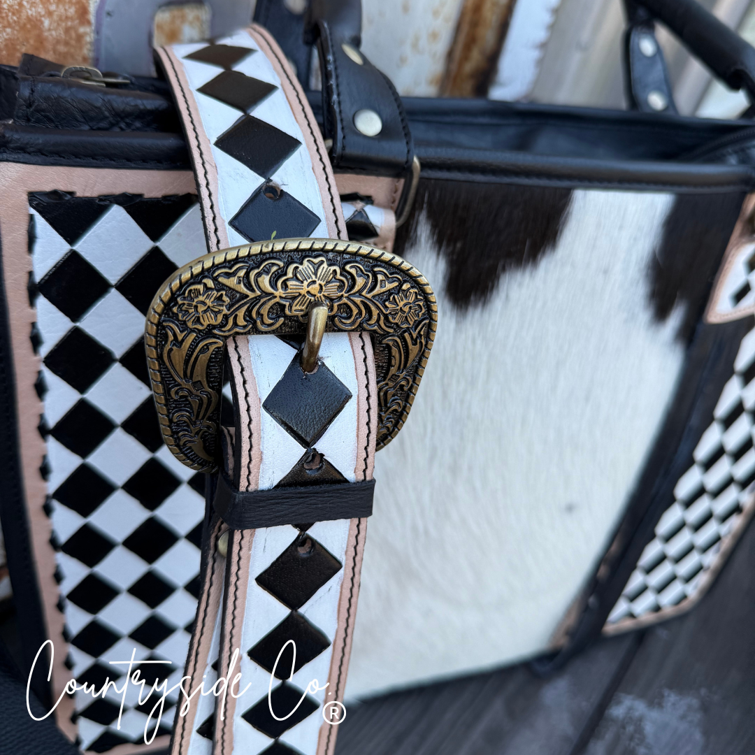 Tinsley Checkered Leather Cowhide Conceal Carry Tote, Computer Bag