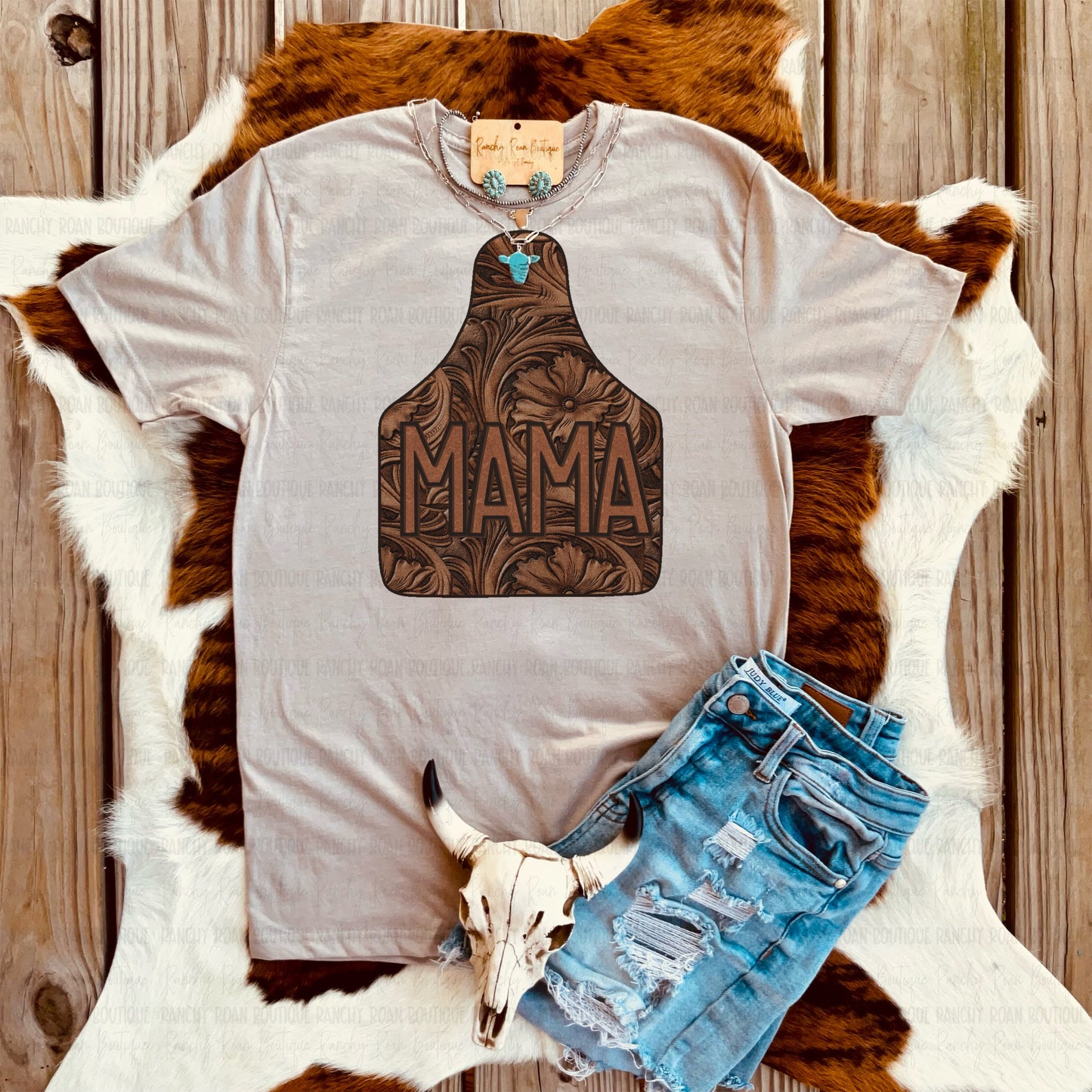 Tooled Leather Mama Ear Tag Tee – Western Mom Graphic Shirt