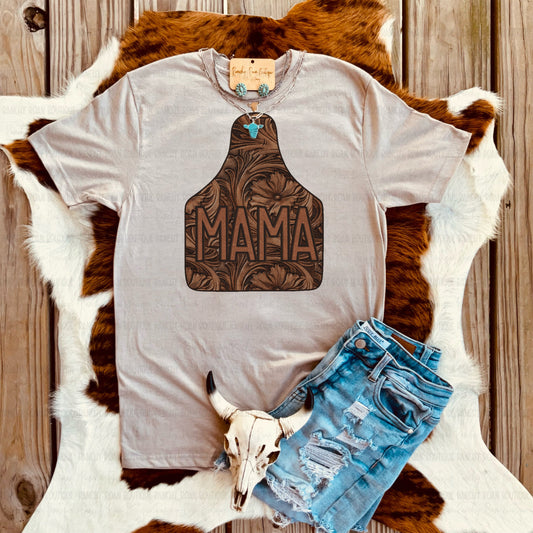 Tooled Leather Mama Ear Tag Tee – Western Mom Graphic Shirt