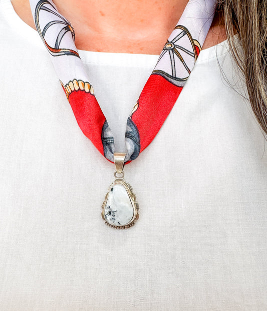 White Buffalo Pendant on Silk Scarf Necklace