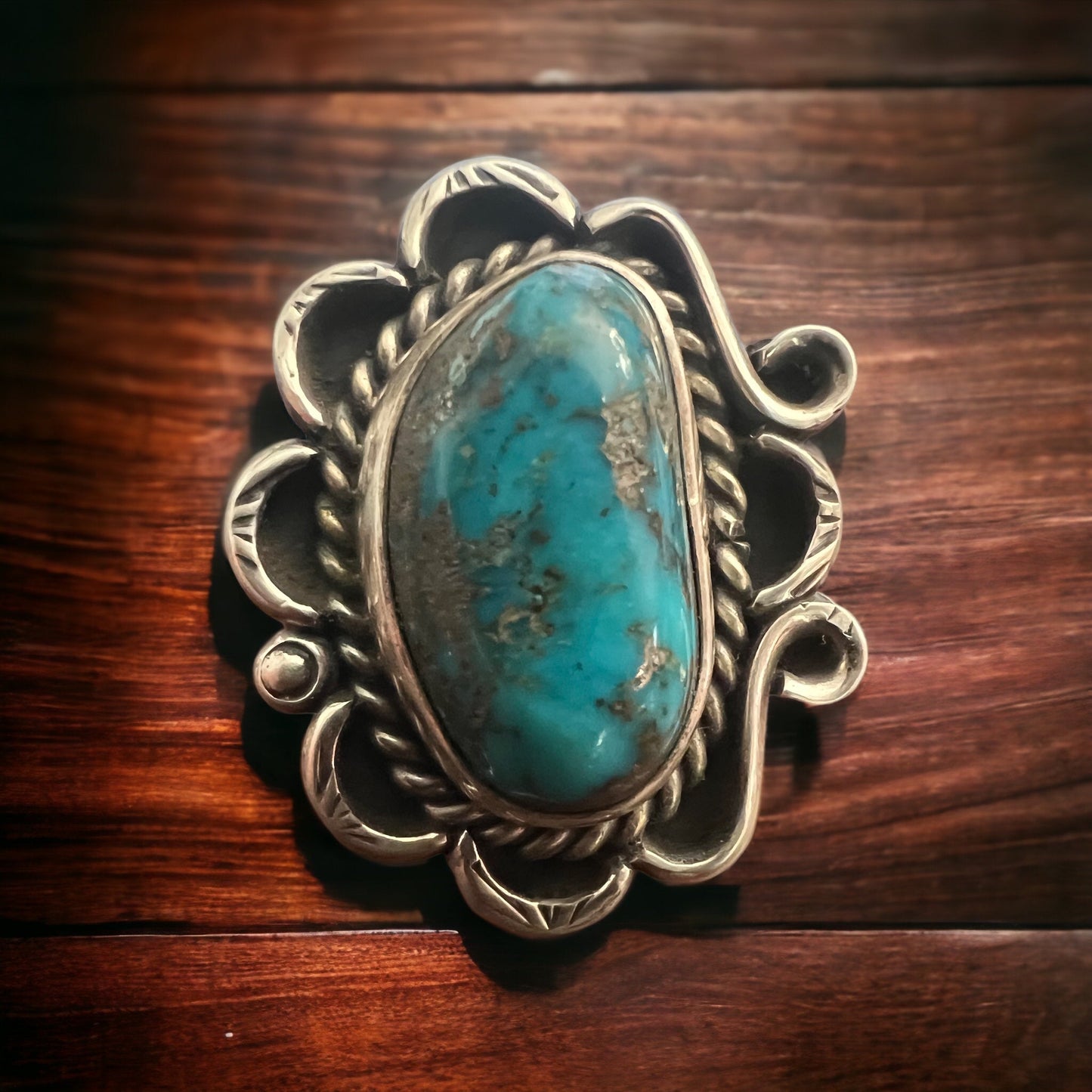 Large Turquoise Cabochon Sterling Silver Flower-Base Ring — Size 7