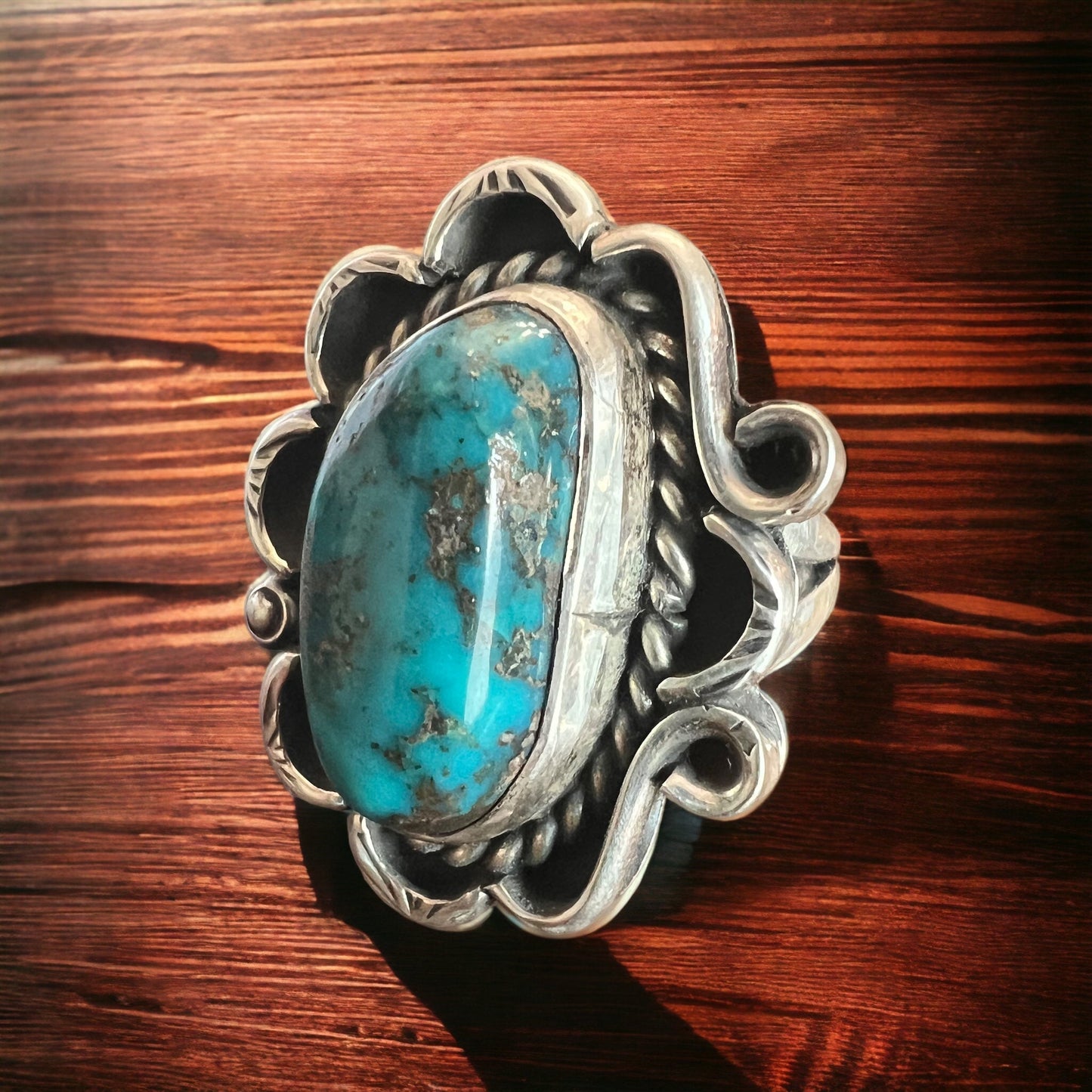 Large Turquoise Cabochon Sterling Silver Flower-Base Ring — Size 7