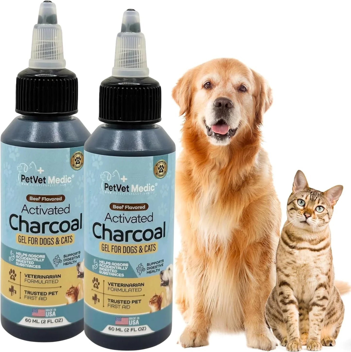 Pet Vet Activated Charcoal Gel for Dogs & Cats (60 mL) – Veterinary-Formulated, Natural Beef Flavor, Fast Toxin Adsorption for Poisoning, Stomach Upset, Diarrhea & Gas Relief – Made in USA