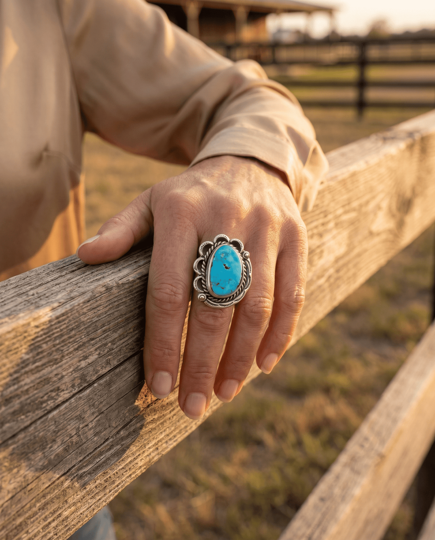 Vintage Sterling Silver Turquoise Ring — Blue Cabochon & Hand-Stamping, Size 7 (Native-Style)