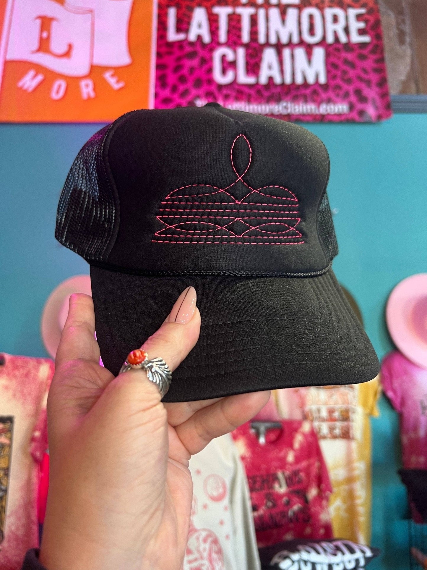 "Western Boot Stitch" Trucker Cap — Hot Pink Stitching on Black, Made in Central Texas