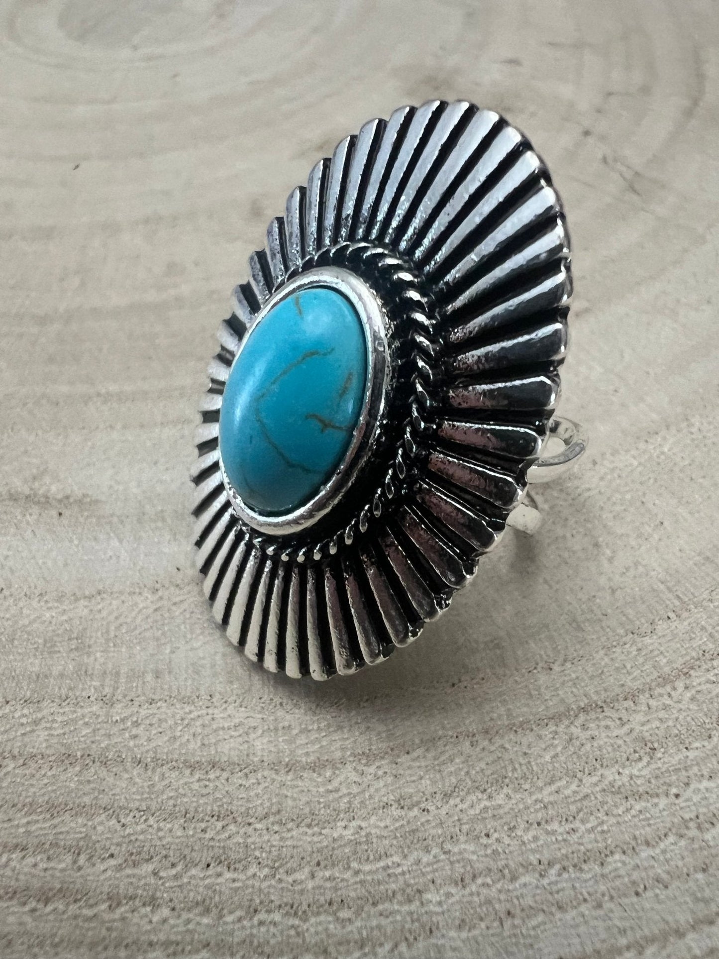 Western Concho & Faux Turquoise Adjustable Statement Ring — 1.5" Bold Western Hand Statement