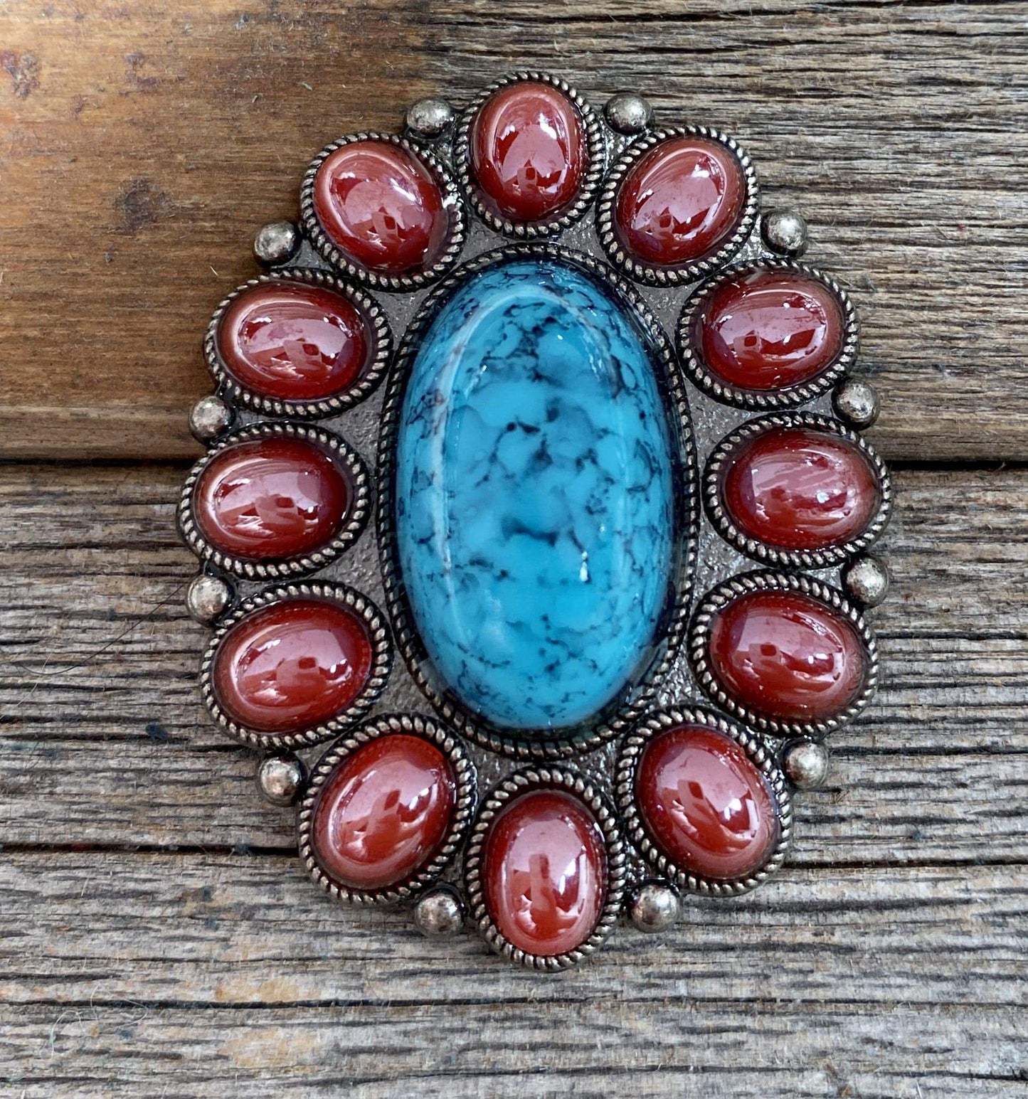 Large Turquoise & Garnet 2" Concho W213
