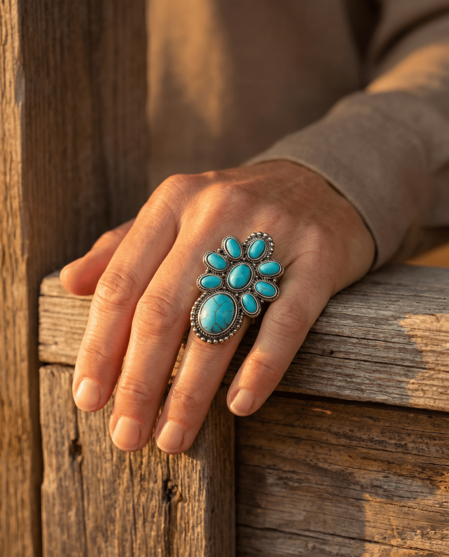 Western Faux Turquoise Cluster Adjustable Cuff Ring — Statement Size