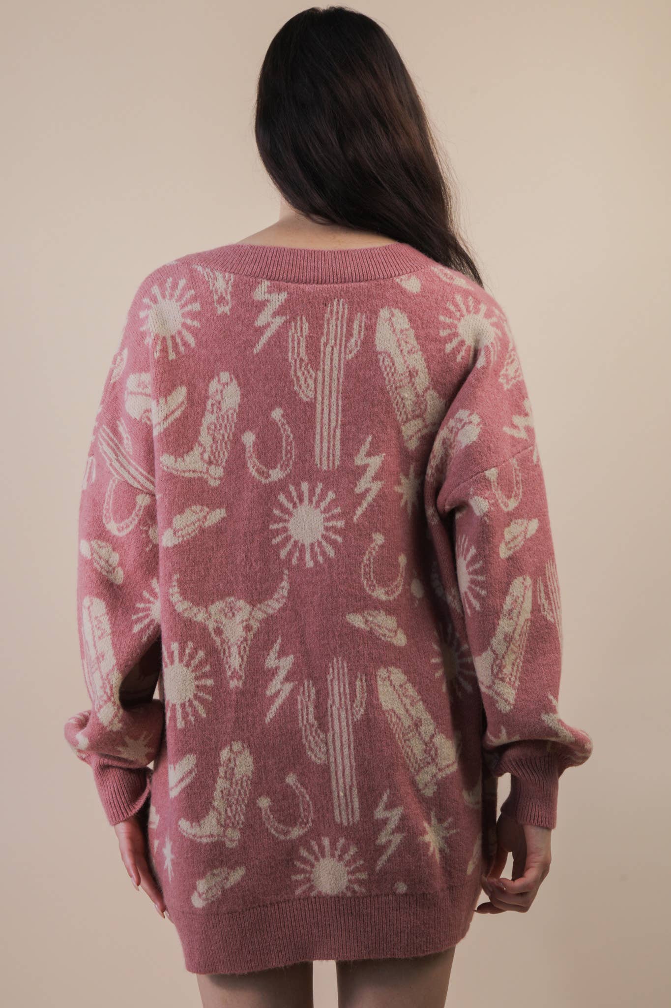 Western Graphic Knit Sweater Cardigan - Mauve