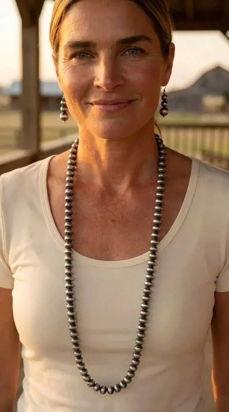 Western Faux Pearl Necklace & Earring Set — 48 Inch Burnished Silver