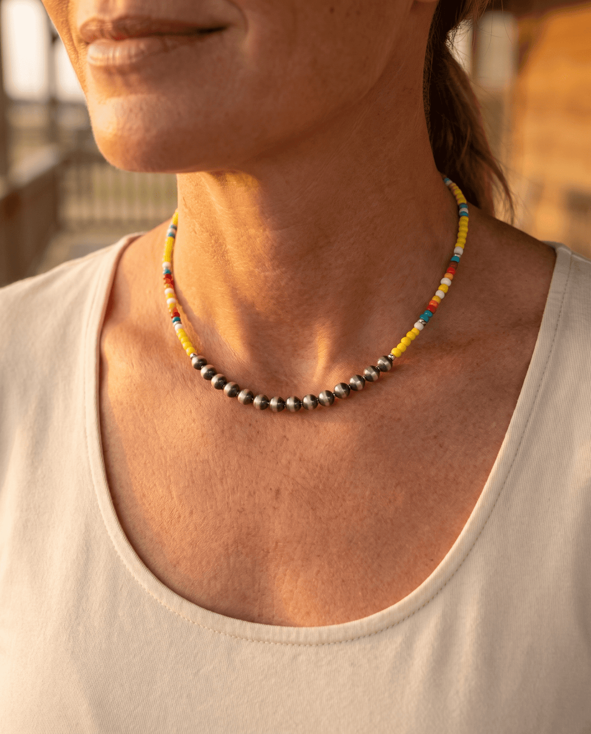 Western Seed Bead Choker with Faux Pearls — 13 Inch with Extender