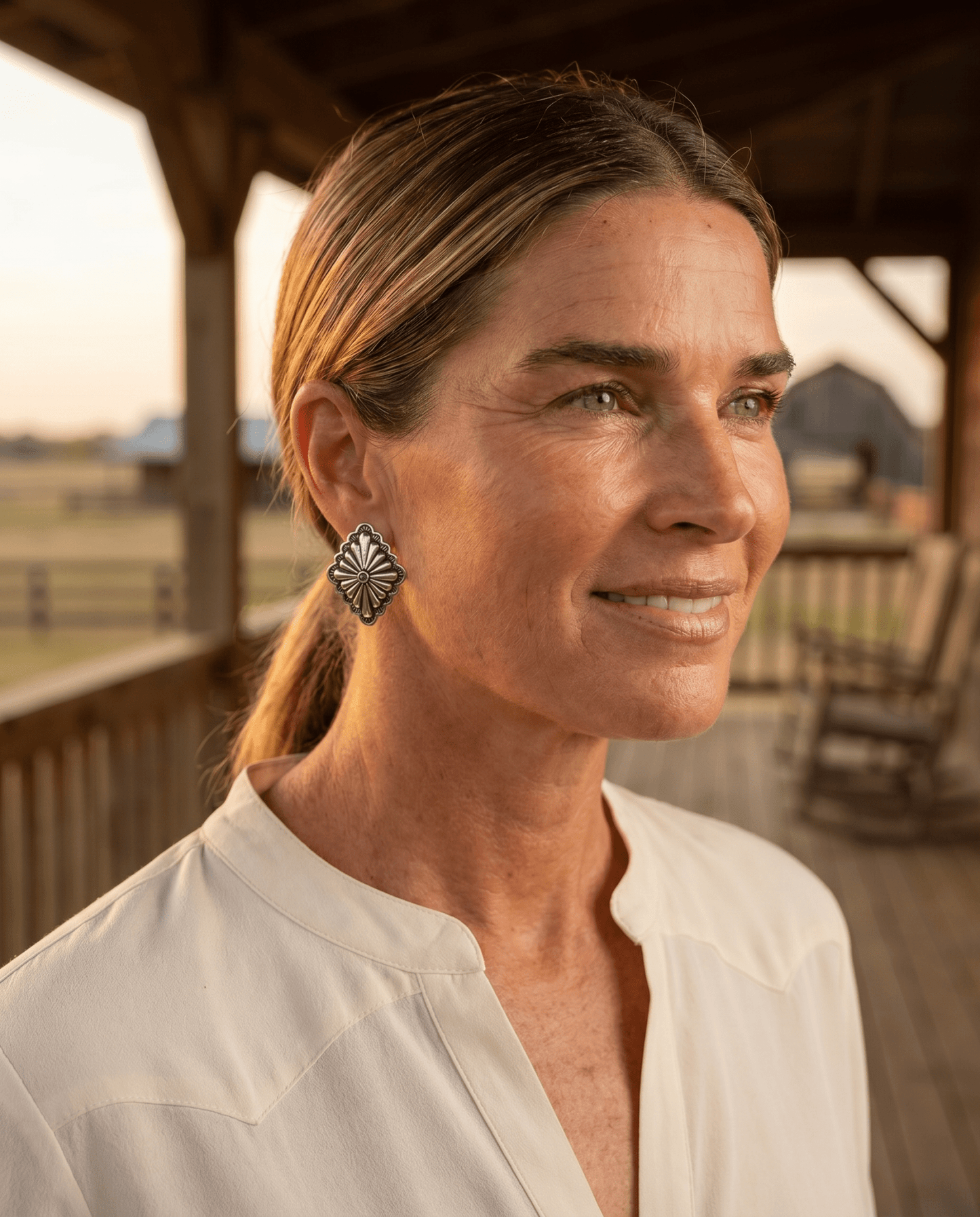 Western Silver & Faux Turquoise Diamond Concho Post Earrings — 3/4" Drop