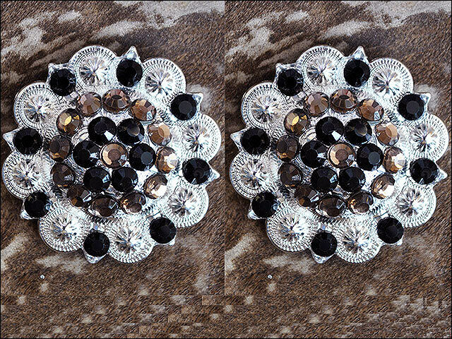 Western Screw Back 2 In Concho Black & Brown Crystal Berry Saddle Bling