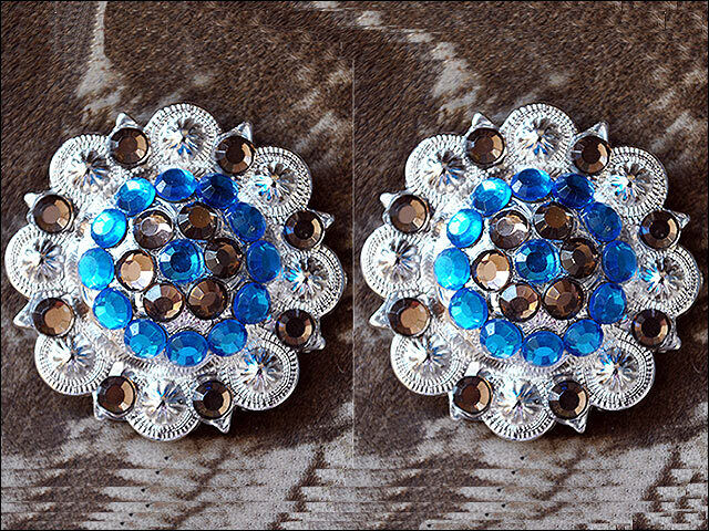 Western Screw Back 2 In Concho Capri Blue & Brown Nickle Finish Saddle Hilason