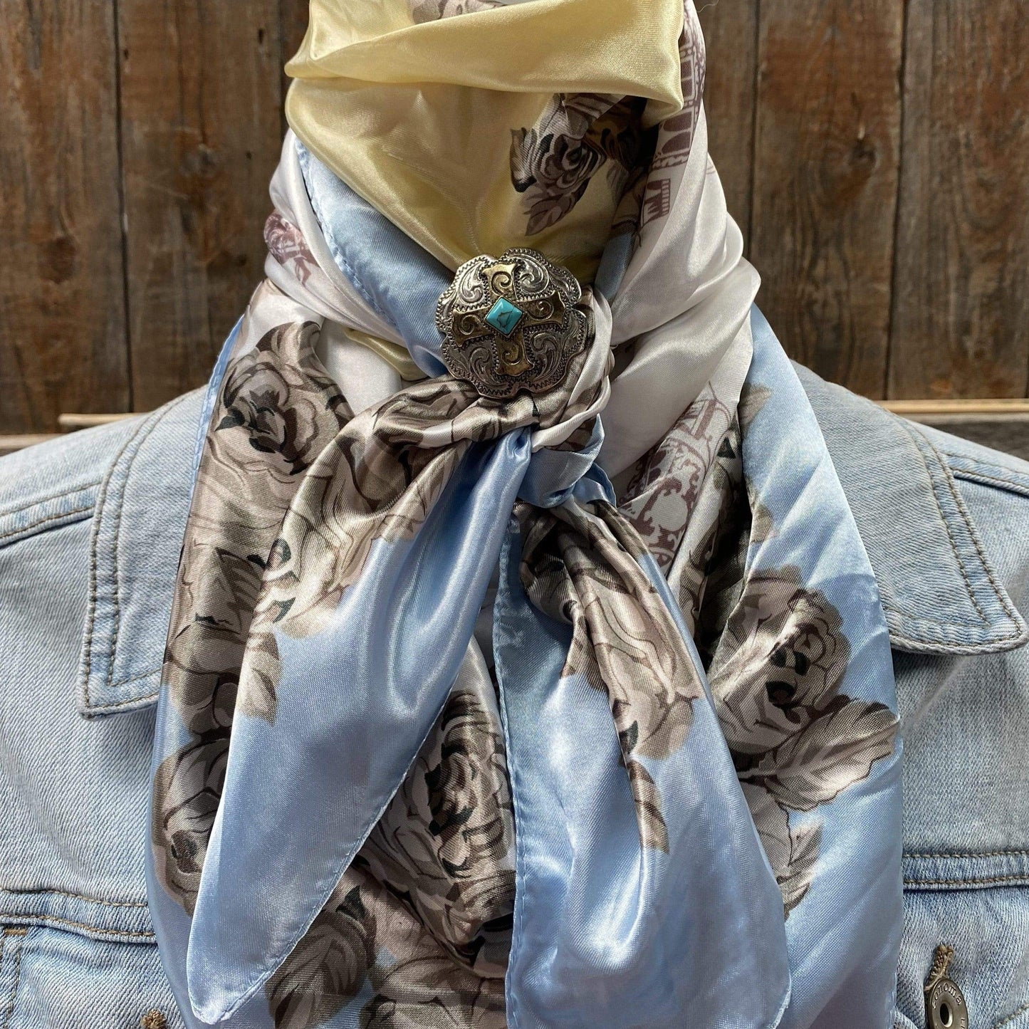 35X35" Pale Blue & Cream Floral Wild Rag / Scarf - W189L Slide WRC590B