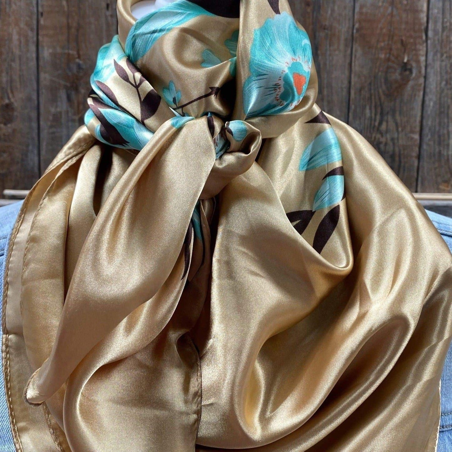 35X35"  Gold & Turquoise Floral Wild Rag / Scarf WR853