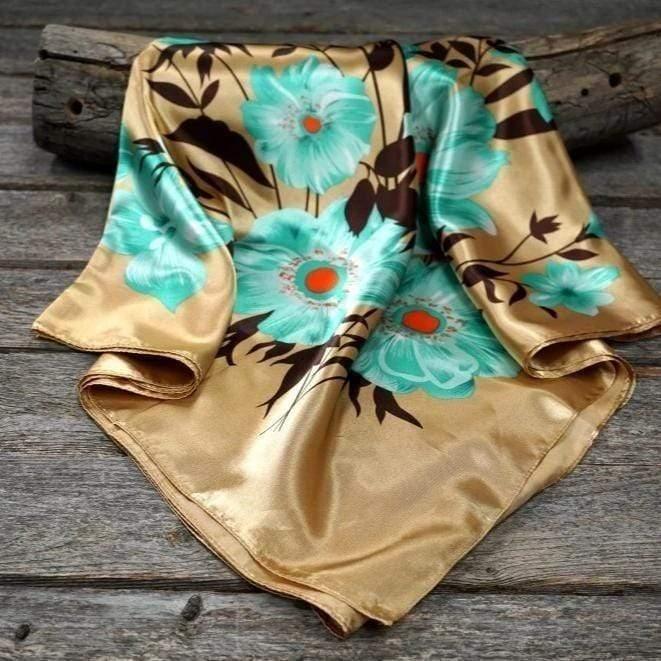 35X35"  Gold & Turquoise Floral Wild Rag / Scarf WR853
