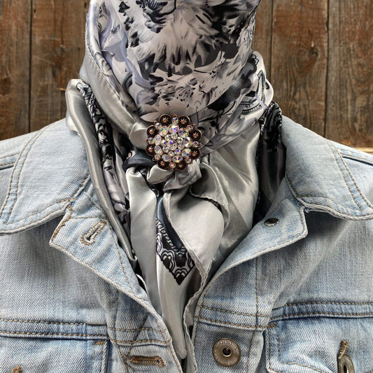 35X35" Silver & White Floral Paisley Wild Rag / Scarf - Copper AB Slide WRC172A