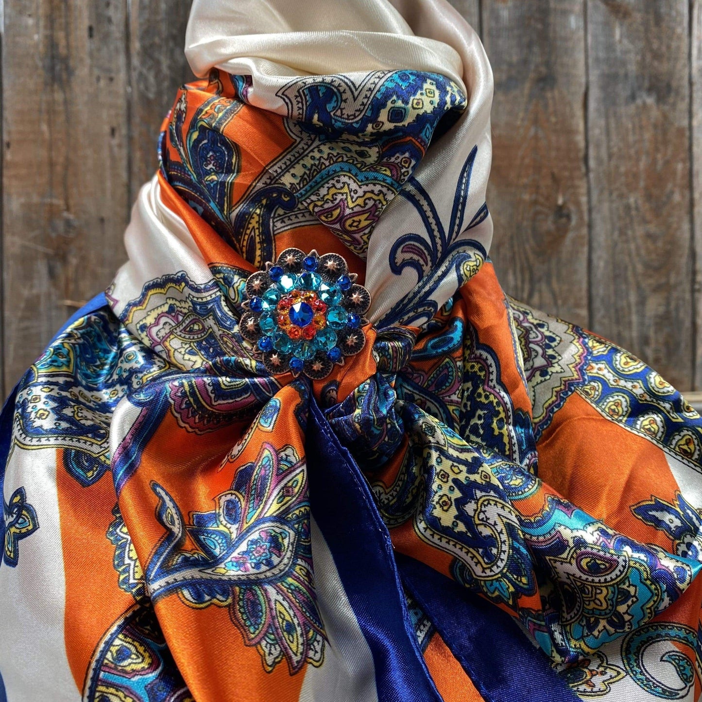 35X35" Orange and Blue Paisley Wild Rag / Scarf - Copper Capri, Fire Opal,Teal Slide WRC302A