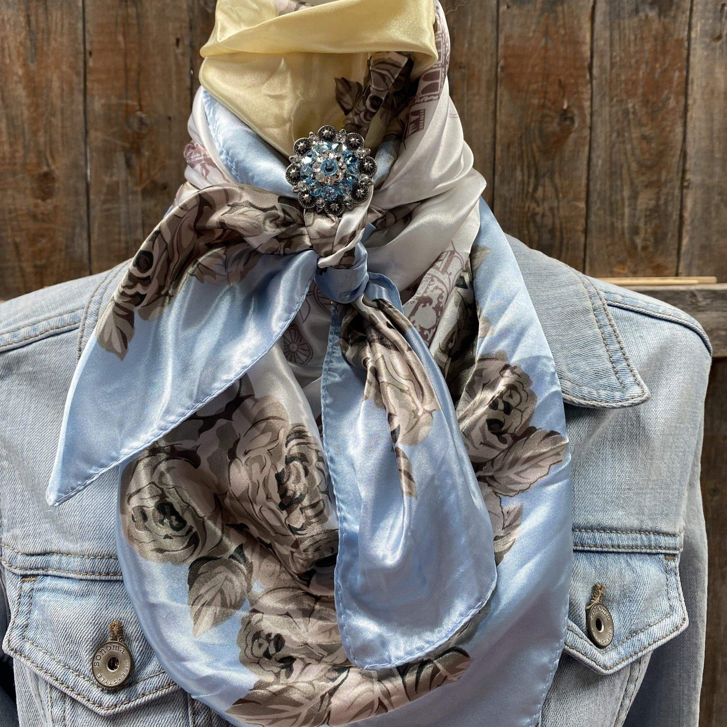 35X35" Pale Blue & Cream Floral Wild Rag / Scarf - Antique Aqua & Clear Slide WRC590A