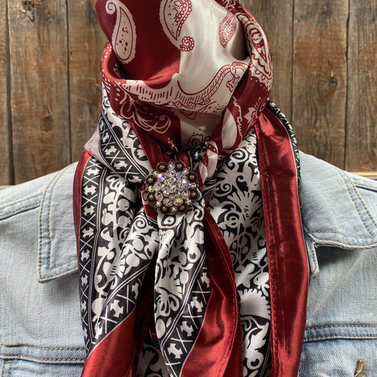 35X35" Wine Red/Cream Paisley Wild Rag / Scarf - Copper Clear Slide WRC687A