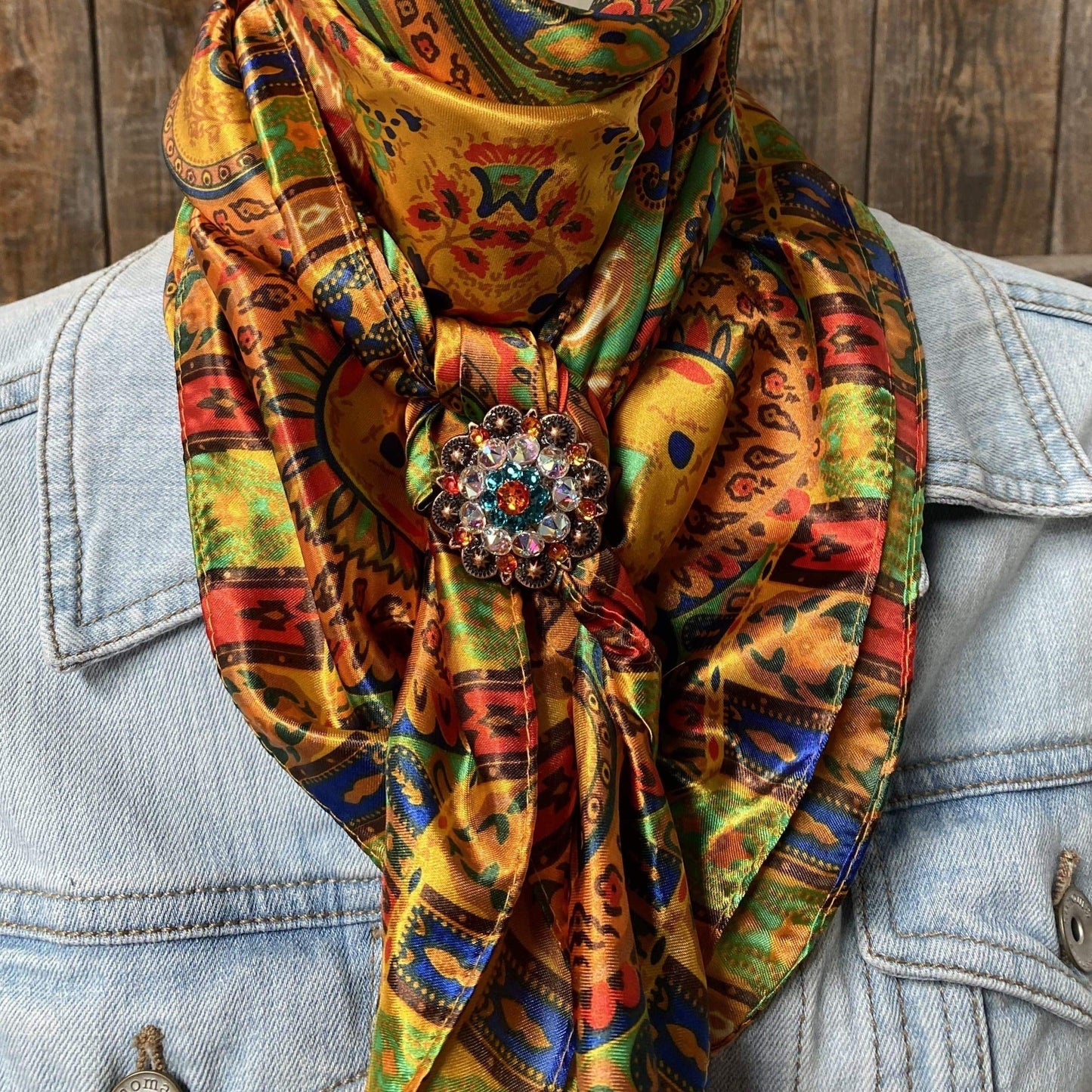 35X35" Multi-Colored Paisley Wild Rag / Scarf Copper Fire Opal, Teal & AB Slide WRC134B