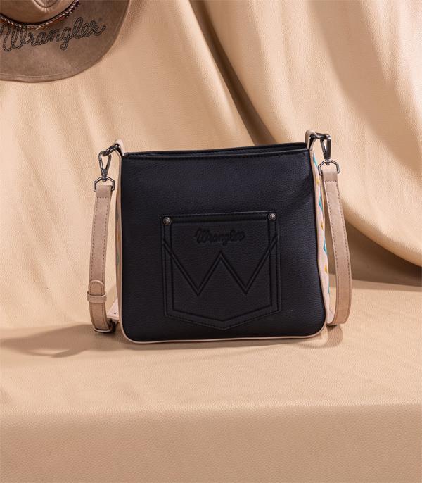 Wrangler Western Aztec Embroidered Crossbody Bag — Black with Fringe & Wrangler Logo